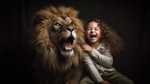 Fearless female child laughing as she sits next to A very large roaring lion sitting next to her