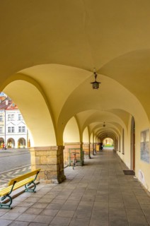 Arcades of historical architecture of town houses at Wallenstein Square