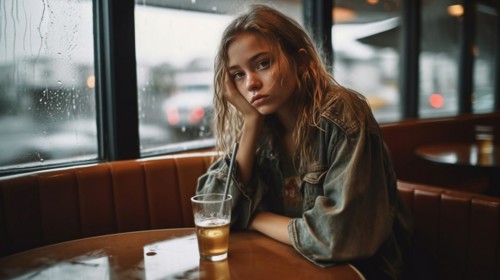 Young girl sits alone and afraid in a damp diner at night