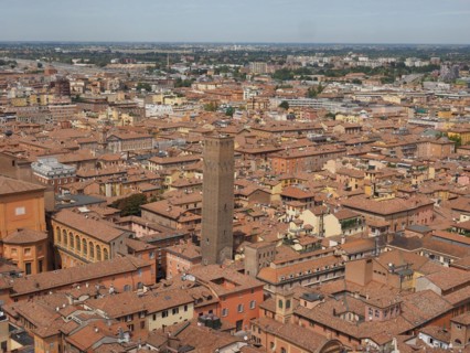 Aerial view of the Torre Prendiparte tower in the city of Bologna