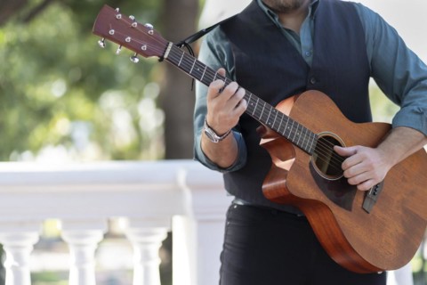 Professional guitarist plays guitar outdoors. Musician plays a classical guitar in the park