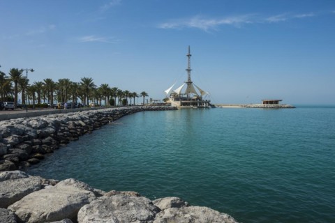 Futuristic looking restaurant on the beachfront of Kuwait City