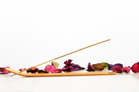 Close-up of incense stick isolated on white background with colorful flower petals