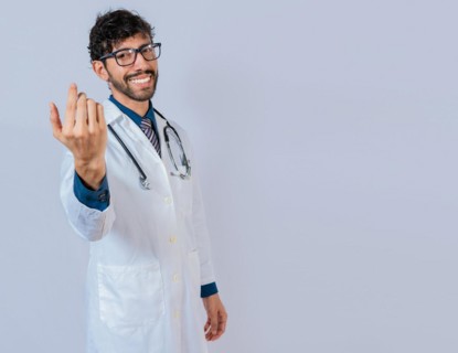 Smiling doctor inviting to come isolated. Young friendly doctor inviting to come on isolated background