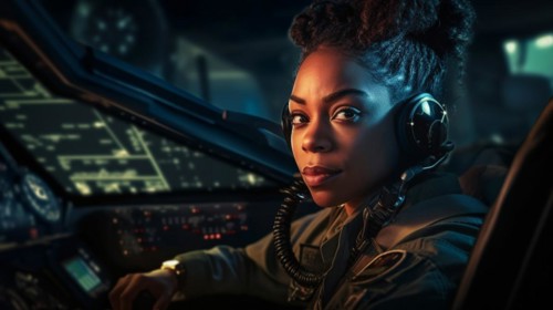 Proud african american female air force fighter pilot in the cockpit of her fighter jet