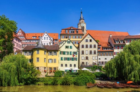 Beautiful view of the historic Neckar front in the old town of Tuebingen