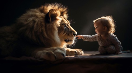 Profile of A fearless baby child reaching for the face of A very large lion sitting next to her