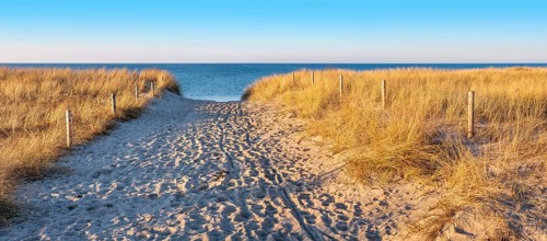 Beach access at the Baltic Sea in the evening light