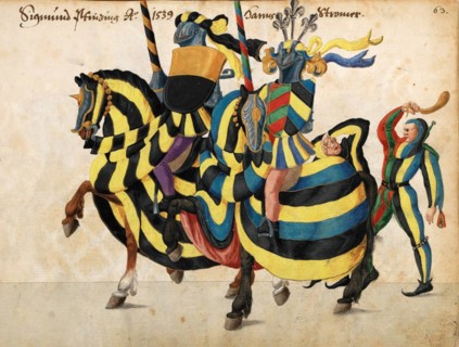 Knight on horseback in decorative armour at a jousting tournament