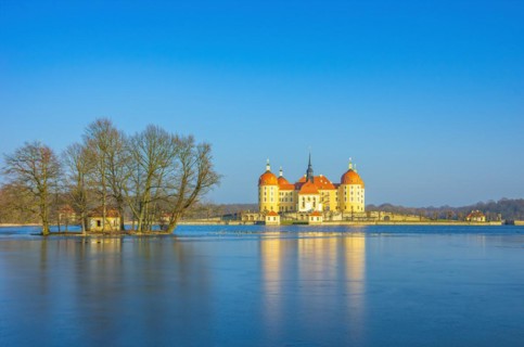 Winterly Moritzburg Castle and Duck Island with group of trees in the half-frozen castle pond