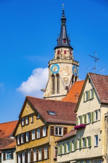 Tower of the collegiate church and parts of the historic house front on the Neckar