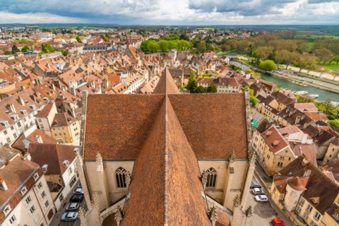 View from the tower of the Collegiate Church of Notre Dame of the houses and roofs in the historic centre