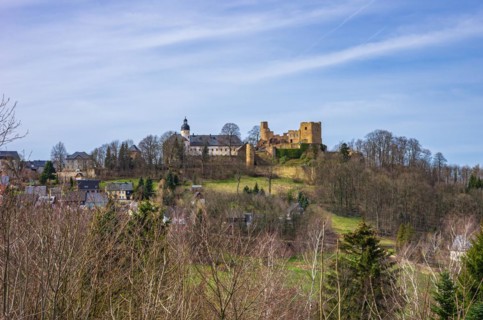 Beautiful view of Frauenstein Castle and Castle Ruins in the Ore Mountains