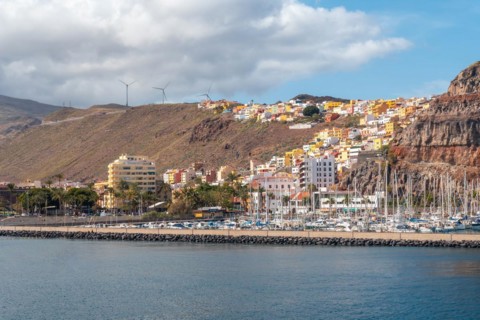 View of the city and the port of San Sebastian de la Gomera seen from the ferry heading to Tenerife. Canary Islands