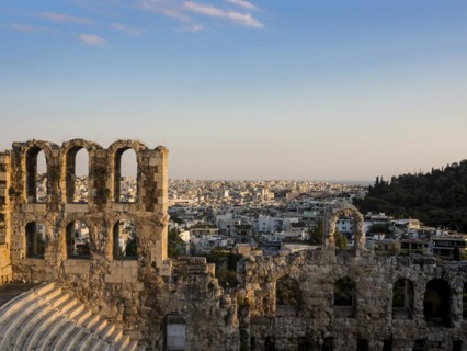 Odeon of Herodes Atticus arches and rows of seats of southern slope of Acropolis in Athens