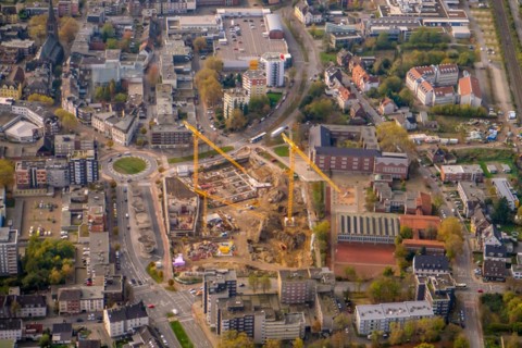 Aerial view of the construction site of the new shopping centre Herten-Forum Herten Mitte on Kaiser Strasse. North Rhine-Westphalia
