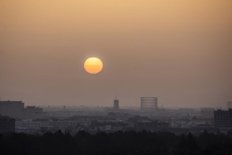 Sunrise over Schoeneberg with the town hall