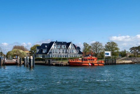 Hohe Duene landing stage of the car ferry across the Warnow River from Warnemuende