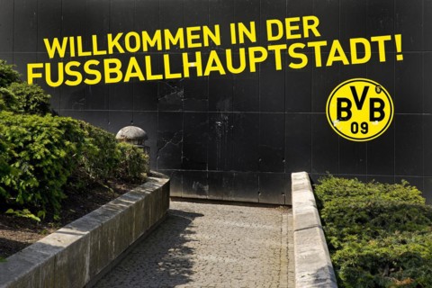 Welcome to the football capital is written on the wall of a BVB fan shop