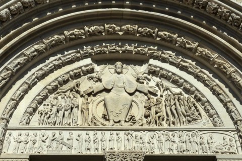 Vezelay labelled les Plus Beaux Villages de France. Morvan regional natural park. The tympanum of Basilica St Mary Magdalene porch