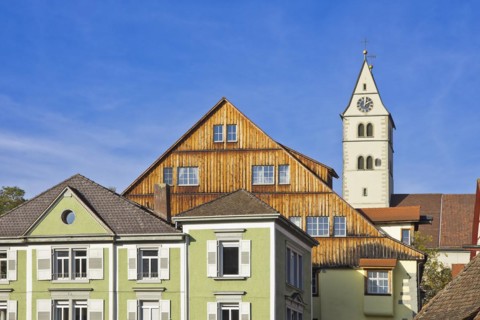 Town parish church of the Visitation of the Virgin Mary and roof sections in the historic old town of Meersburg on Lake Constance
