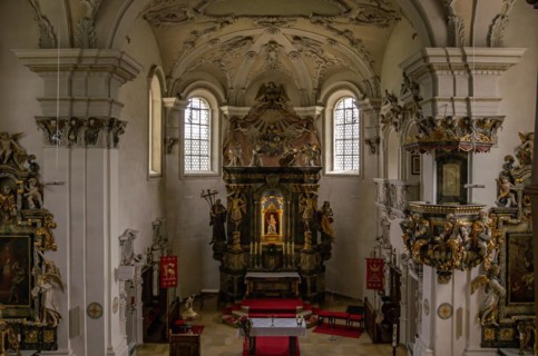 Interior view looking towards the altar of the Baroque pilgrimage and parish church of St. Maria auf dem Rechberg near the district of the same name in Schwaebisch Gmuend
