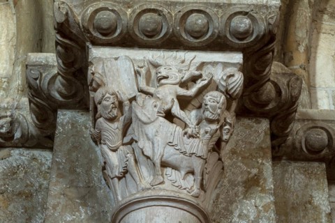 Vezelay labelled les Plus Beaux Villages de France. Sculptures atop the caoitals of Basilica St Mary Magdalene.Unesco World heritage. Morvan regional natural park. Via Lemovicensis way to Santiago de ...
