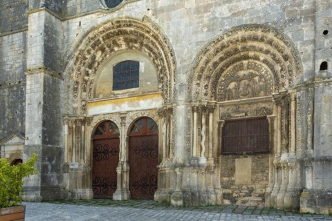 Avallon. Porch and tympanum of collegiale Notre Dame and Saint Lazare .Yonne department. Morvan regional nature park.