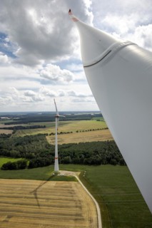 View from a wind turbine next to a field in Luckau