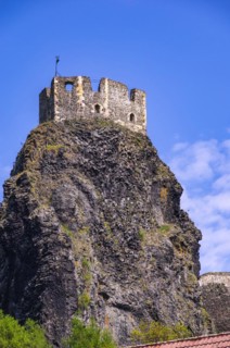 View of the remains of one of the twin towers of Trosky Castle in its picturesque rural setting in Rovensko pod Troskami