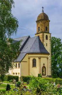 Exterior view of the Baroque pilgrimage and parish church of St. Maria auf dem Rechberg near the district of the same name in Schwaebisch Gmuend