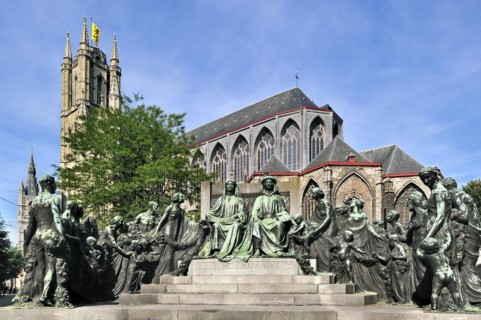 Monument in honour of the Van Eyck brothers and the Saint Bavo cathedral in Ghent