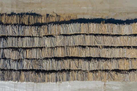 Aerial view over stacked tree trunks