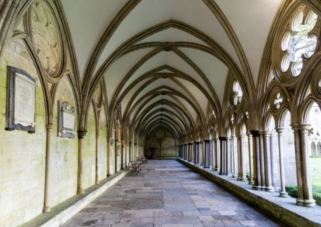 Arched vaulted ceiling roof of cloisters at Salisbury cathedral