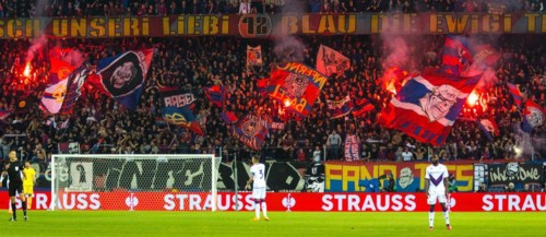 The FC Basel fan curve celebrating with pyrotechnics