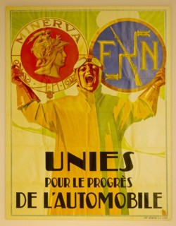 Old archival poster about the fusion of the Belgian automobile manufacturers Minerva and FN