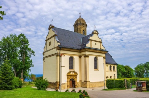 Exterior view of the Baroque pilgrimage and parish church of St. Maria auf dem Rechberg near the district of the same name in Schwaebisch Gmuend