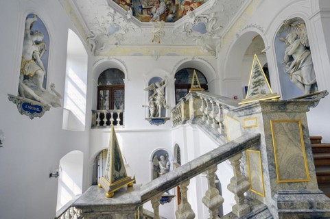 Staircase house with figures and ceiling fresco