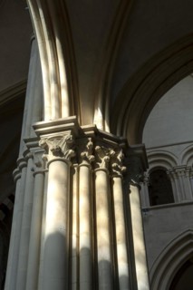 Vezelay labelled les Plus Beaux Villages de France. Columns lit by the rays of the sun. Basilica St Mary Magdalene.Unesco World heritage. Morvan regional natural park. Via Lemovicensis way to Santiago...