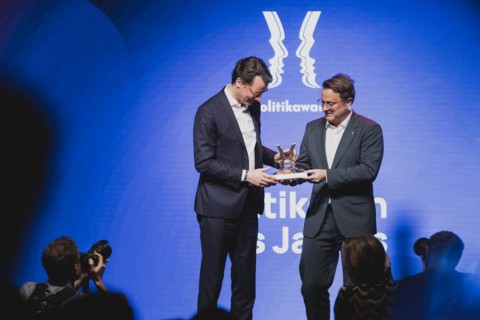 (R-L) Xavier Bettel, Prime Minister of Luxembourg, and Hendrik Wuest, CDU, Minister President of