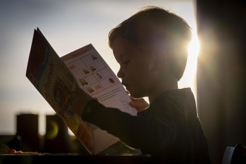 Symbolic photo: A little boy looks at a picture book. Berlin
