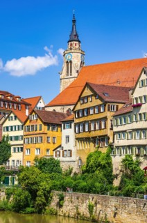 Beautiful view of the historic Neckar front in the old town of Tuebingen
