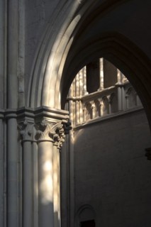 Vezelay labelled les Plus Beaux Villages de France. Columns lit by the rays of the sun. Basilica St Mary Magdalene.Unesco World heritage. Morvan regional natural park. Via Lemovicensis way to Santiago...
