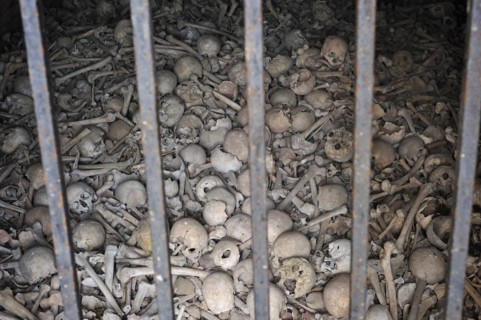 Skulls and bones at the charnel house of the Saint-Sebastien chapel at Dambach-la-Ville