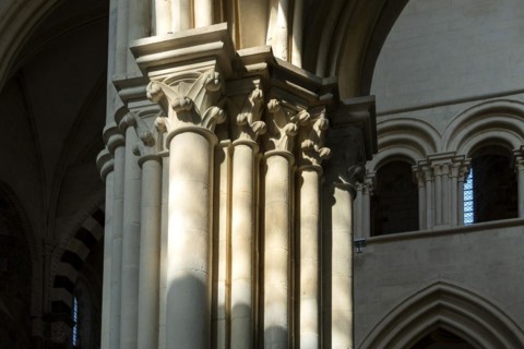 Vezelay labelled les Plus Beaux Villages de France. Columns lit by the rays of the sun. Basilica St Mary Magdalene.Unesco World heritage. Morvan regional natural park. Via Lemovicensis way to Santiago...
