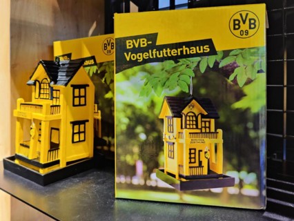 Fan articles BVB bird feeder house in a fan shop of Borussia Dortmund