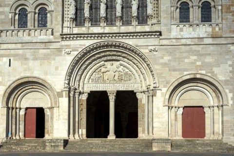 Vezelay labelled les Plus Beaux Villages de France. Morvan regional natural park. The tympanum of Basilica St Mary Magdalene porch
