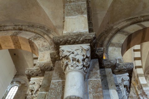 Vezelay labelled les Plus Beaux Villages de France. Sculptures atop the caoitals of Basilica St Mary Magdalene.Unesco World heritage. Morvan regional natural park. Via Lemovicensis way to Santiago de ...