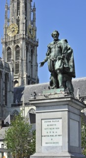 Statue of the Flemish Baroque painter Peter Paul Rubens in front of the Cathedral of Our Lady in Antwerp