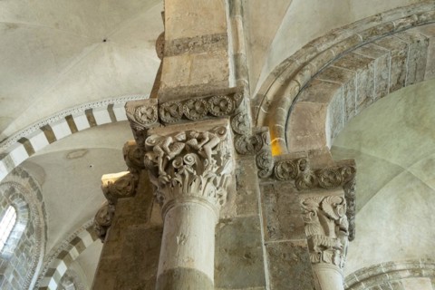 Vezelay labelled les Plus Beaux Villages de France. Sculptures atop the caoitals of Basilica St Mary Magdalene.Unesco World heritage. Morvan regional natural park. Via Lemovicensis way to Santiago de ...
